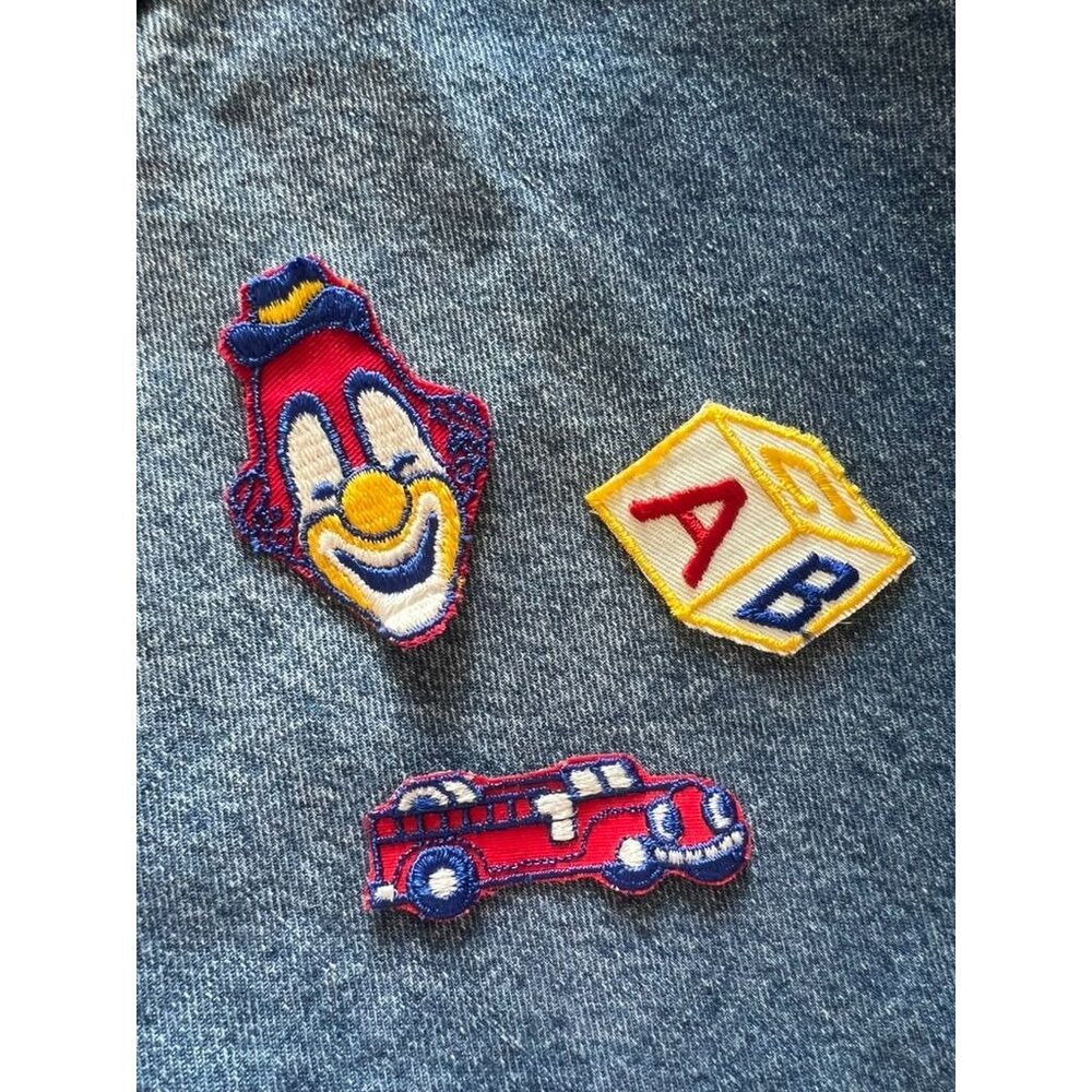 Vintage 80s 90s Clown Fire Truck & ABC Block Sew-On Embroidered Patch Set Denim